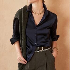 Banana Republic Black Portofino Satin-like Button Down Top, Size XS